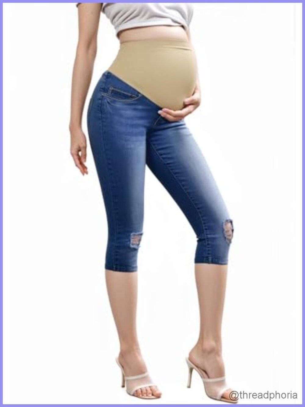 Maternity Boot Cut Denim Capri Jeans, High Waist Stretch Maternity Capris